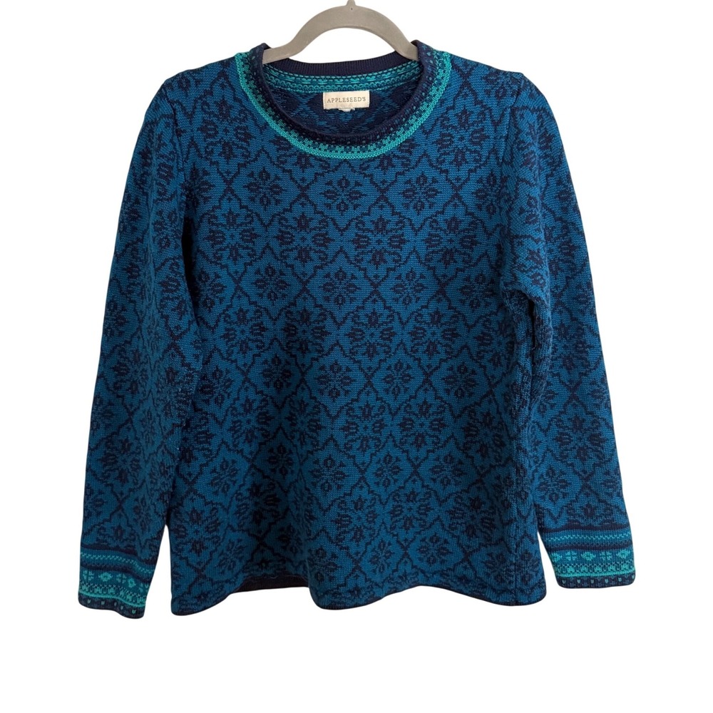 Appleseeds Blue Nordic Wool Blend Crew Neck Sweater Medium Boho Preppy Academia